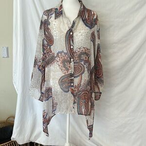 Chico’s 3/4 Sleeve Crème/Tan Paisley Print Blouse Sz 3